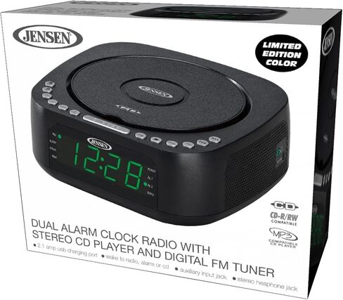 Jensen Modern Home Audio CD Player منضدية ستيريو مزدوج منبه راديو FM رقمي | مشغل أقراص CD/MP3/WMA ذو التحميل العلوي | منفذ شحن USB 2.1 أمبير | جاك سماعة الرأس | 0.9 عرض LED الأخضر in Kuwait