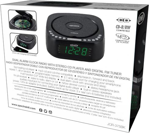 Jensen Modern Home Audio CD Player منضدية ستيريو مزدوج منبه راديو FM رقمي | مشغل أقراص CD/MP3/WMA ذو التحميل العلوي | منفذ شحن USB 2.1 أمبير | جاك سماعة الرأس | 0.9 عرض LED الأخضر in Kuwait