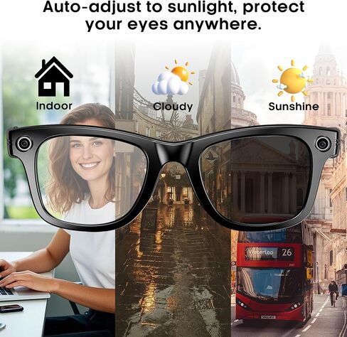 نظارات كاميرا AI Smart 4K، مقاطع فيديو HD 1080P، مقاومة للاهتزاز واسعة للغاية، تسجيل مدونة فيديو، ترجمة AI، مساعد صوت AI، آذان مفتوحة، نقل Wi-Fi، التحكم في الموسيقى، عدسات متغيرة اللون in Kuwait