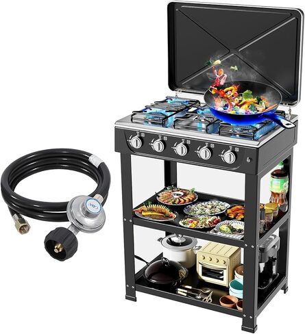 Propane Gas Stove,5 Burner Propane Burner,Auto Ignition Camping Stove with Support Leg Stand and Wind Blocking Cover Adapter, Portable Gas Stove for RV, Outdoor Cooking, Apartment in Kuwait