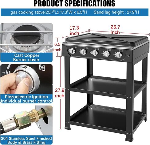 Propane Gas Stove,5 Burner Propane Burner,Auto Ignition Camping Stove with Support Leg Stand and Wind Blocking Cover Adapter, Portable Gas Stove for RV, Outdoor Cooking, Apartment in Kuwait