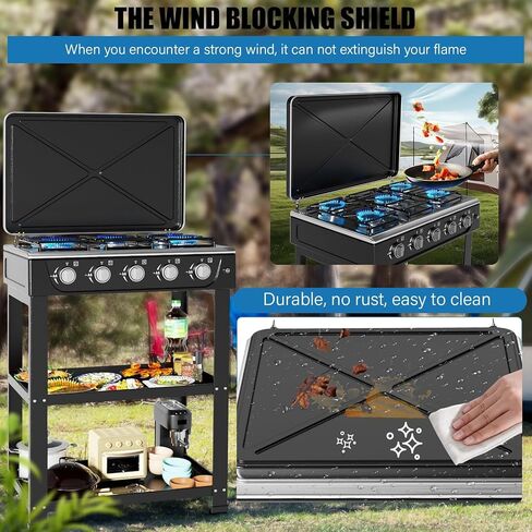 Propane Gas Stove,5 Burner Propane Burner,Auto Ignition Camping Stove with Support Leg Stand and Wind Blocking Cover Adapter, Portable Gas Stove for RV, Outdoor Cooking, Apartment in Kuwait