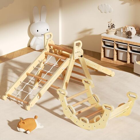 BlueWood 2025 8-in-1 Pikler Triangle Climbing Set Toddler Toys Indoor Baby Jungle Gym Climber Playground for Kids - Mauve Pink in Saudi Arabia