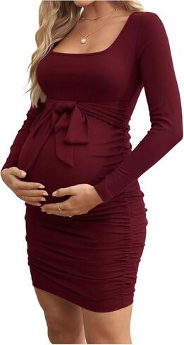 SweatyRocks Women's Maternity Ruched Bodycon Short Dresses Tie Front Square Neck Long Sleeve Dress in Saudi Arabia