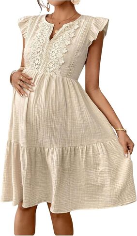 OYOANGLE Women's Maternity Dress Lace Trim Cap Sleeve Tiered Ruffle A Line Midi Dresses in Saudi Arabia