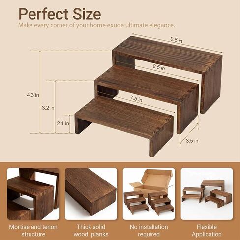 مجموعة رافعات عرض خشبية مكونة من 3 طبقات - رافعات عرض طعام متعددة الاستخدامات للحفلات، منظم سطح المكتب للمنزل والمكتب والمطبخ، رف خشبي متعدد الأغراض للنباتات والمقتنيات والمواد الزخرفية (متفحمة) in Kuwait
