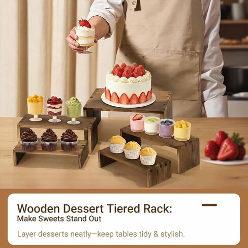 مجموعة رافعات عرض خشبية مكونة من 3 طبقات - رافعات عرض طعام متعددة الاستخدامات للحفلات، منظم سطح المكتب للمنزل والمكتب والمطبخ، رف خشبي متعدد الأغراض للنباتات والمقتنيات والمواد الزخرفية (متفحمة) in Kuwait