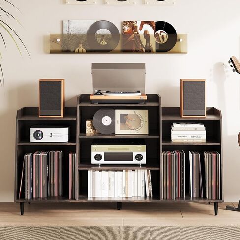 Rresyet 55" Record Player Stand with Charging Station, 4-Tier Vinyl Record Storage Cabinet with Divided Shelves, Adjustable Shelf，Large Capacity Storage for Music Room Living Room in Saudi Arabia