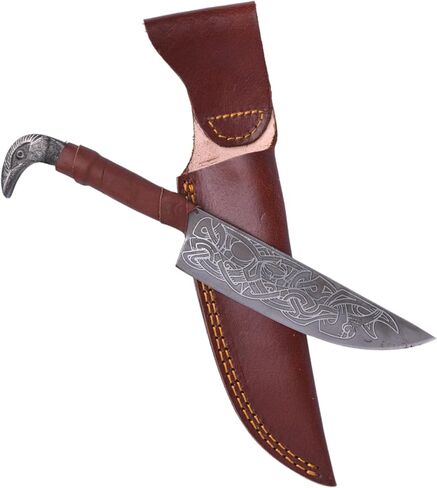سكين Odin's Raven Norse Viking على شكل 10.3 بوصة - شفرة من الفولاذ الكربوني مقاس 6.5 بوصة مصنوعة يدويًا، ومقبض رأس Raven's وغمد جلدي - طراز Seax فريد من نوعه من العصور الوسطى - سكين نورس للصيد والتخييم in Saudi Arabia