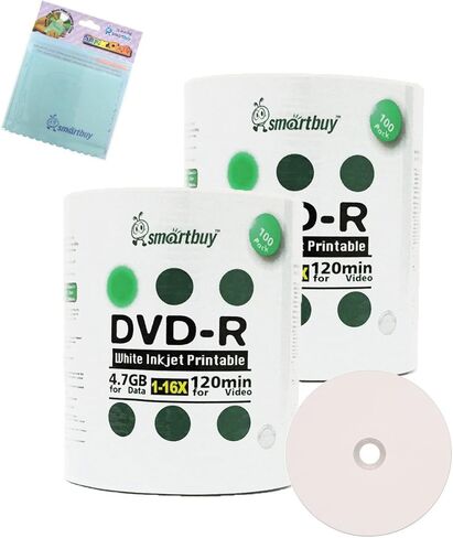 Smartbuy 200-disc 4.7GB/120min 16x DVD-R White Inkjet Hub Printable Blank Media Disc + Free Micro Fiber Cloth in Saudi Arabia