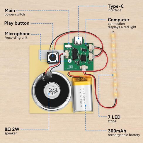 1PCS Customize Recording Module with LED Strip DIY Music Voice Recording Module Chip with Speaker,Type-C Cable,Capability16 Minutes Music for Personalized Greetings, Holiday Crafts Cards with Manual in Saudi Arabia