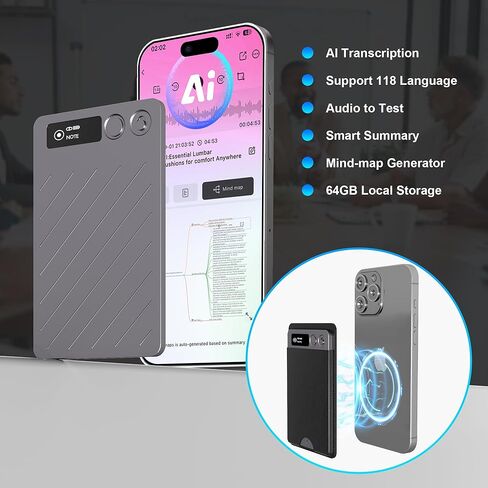 مسجل صوت AI، شاشة LCD، ذاكرة 64 جيجابايت، يدعم 118 لغة | مسجل صوت رقمي مع حافظة، التحكم في التطبيق، النسخ والتلخيص باستخدام الذكاء الاصطناعي، للاجتماعات والمحاضرات والمكالمات in Kuwait