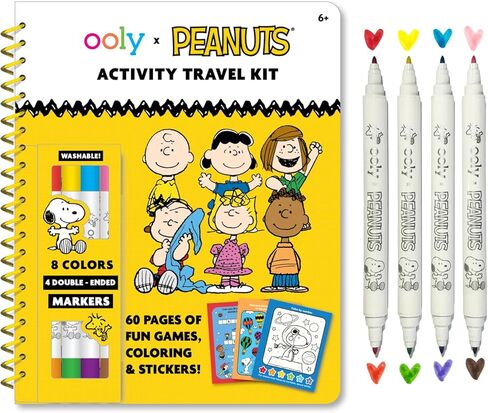 مجموعة أدوات التلوين المدرسية Ooly x Peanuts Snoopy، كتاب أنشطة مكون من 60 صفحة مع أوراق تلوين، 4 أقلام تحديد مزدوجة - 8 ألوان، 2 ورقة ملصقات، ألغاز وألعاب، مجموعة فنية سنوبي وتشارلي براون in Saudi Arabia