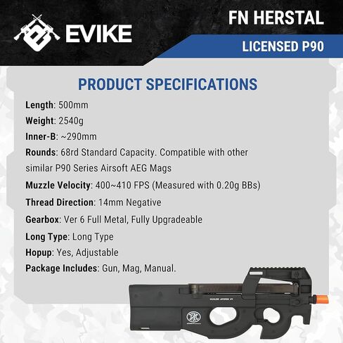 Evike Airsoft - علبة تروس معدنية كاملة الحجم مرخصة من FN Herstal AEG Airsoft P90 (اللون: أسود/بندقية فقط) (PID: 39653) in Saudi Arabia