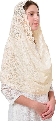 FANFAN Black Infinity Veil for Catholic Lace Infinity Scarf Pink Floral Lace Head Scarf Catholic Veil Women Mass Veil Y087 in Saudi Arabia