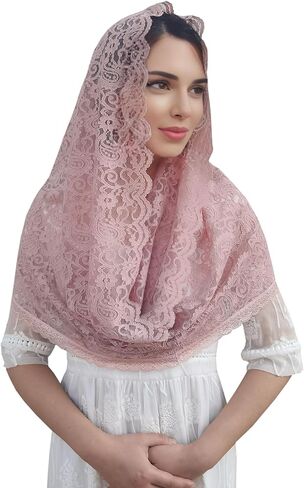 FANFAN Black Infinity Veil for Catholic Lace Infinity Scarf Pink Floral Lace Head Scarf Catholic Veil Women Mass Veil Y087 in Saudi Arabia