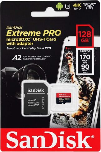 microSDXC 128GB SanDisk Extreme PRO UHS-1 U3 V30 4K Ultra HD Compatible with SD Adapter Included in Saudi Arabia
