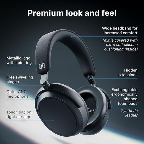سماعات الرأس اللاسلكية Sennheiser Momentum 4، بلوتوث للمكالمات فائقة الوضوح مع إلغاء الضوضاء التكيفي، عمر البطارية 60 ساعة، صوت قابل للتخصيص، رمادي جرافيتي (متجدد) in Kuwait