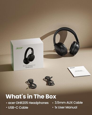 acer Wireless Bluetooth Headphones, 70 Hours Playtime, Foldable Over-Ear Headphones with 40mm Drivers, Memory Foam Earpads, Multipoint Bluetooth 6.0 for Travel, Home, Office, Black in Saudi Arabia
