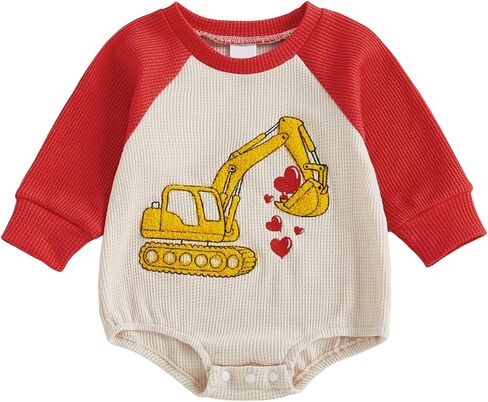 Baby Boy Valentines Outfit Newborn Bubble Romper Excavator Heart Embroidery Long Sleeve Onesie Waffle Bodysuit 0-18M in Saudi Arabia