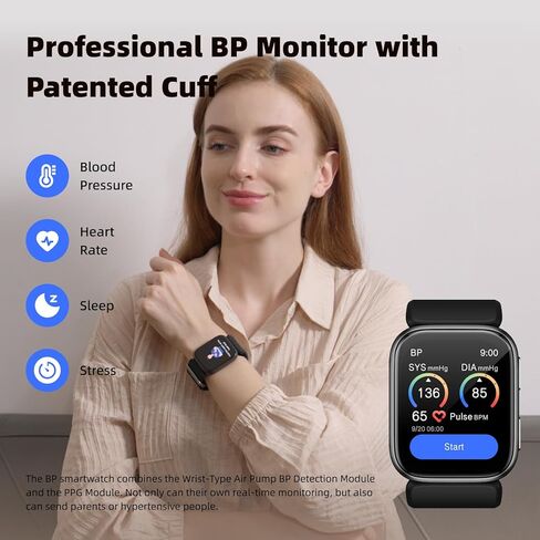 Blood Pressure Watch, 1.95'' Blood Pressure Monitor with Air Pump Cuff, Smart Watch with Blood Pressure Sleep Monitor Sports Tracking for Android iOS Supports Data Sharing, Reminder Monitoring in Kuwait
