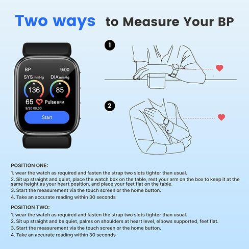 Blood Pressure Watch, 1.95'' Blood Pressure Monitor with Air Pump Cuff, Smart Watch with Blood Pressure Sleep Monitor Sports Tracking for Android iOS Supports Data Sharing, Reminder Monitoring in Kuwait