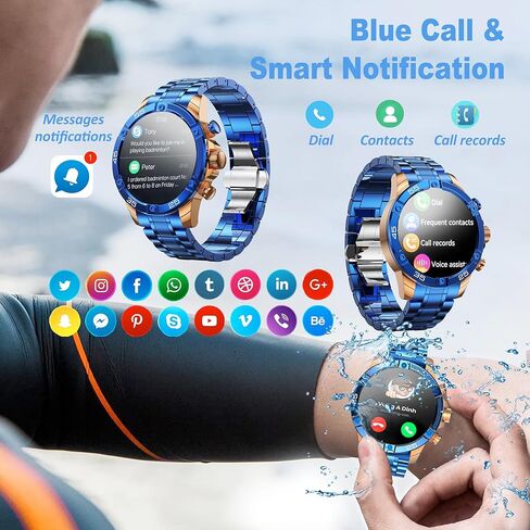 Men's Smart Watch Round HD 1.53" Gold Blue Smart Watches for Men, Multiple Sports Modes, Bluetooth Voice Call. Available for iOS and Android (Blue Steel) in Saudi Arabia