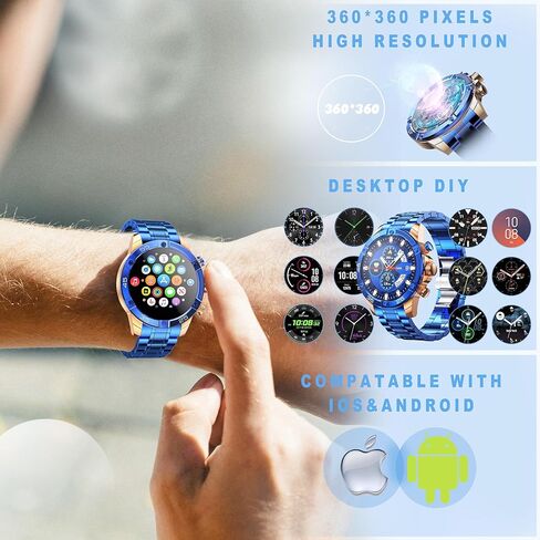 Men's Smart Watch Round HD 1.53" Gold Blue Smart Watches for Men, Multiple Sports Modes, Bluetooth Voice Call. Available for iOS and Android (Blue Steel) in Saudi Arabia