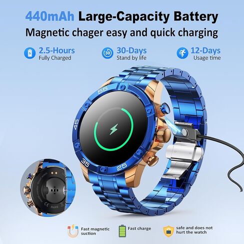 Men's Smart Watch Round HD 1.53" Gold Blue Smart Watches for Men, Multiple Sports Modes, Bluetooth Voice Call. Available for iOS and Android (Blue Steel) in Saudi Arabia