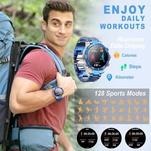 Men's Smart Watch Round HD 1.53" Gold Blue Smart Watches for Men, Multiple Sports Modes, Bluetooth Voice Call. Available for iOS and Android (Blue Steel) in Saudi Arabia