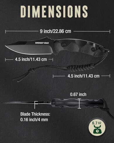 Mossy Oak 9" Fixed Blade Hunting Knife with Sheath, 14C28N Full Tang, G10 Handle Outdoor Knife for Survival, Camping, Hiking(Black) in Saudi Arabia