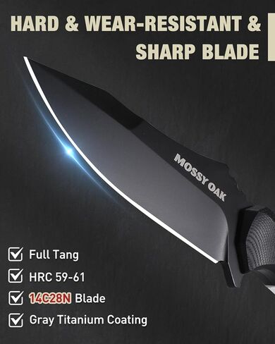 Mossy Oak 9" Fixed Blade Hunting Knife with Sheath, 14C28N Full Tang, G10 Handle Outdoor Knife for Survival, Camping, Hiking(Black) in Saudi Arabia