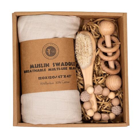 Newborn Baby Gift Box with Bamboo Muslin Swaddle Blanket, Wood Rattle Toy and Wool Brush, Welcome Box for Baby Shower (Beige) in Saudi Arabia