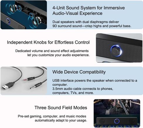 Wired Computer Speaker, Stereo Sound, Portable Gaming soundbar, Suitable for Computers, Mobile Phones, PC, Black in Saudi Arabia