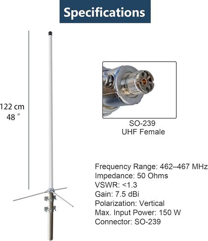 هوائي قاعدة GMRS 462-467 ميجا هرتز مع كابل 32 قدمًا - هوائي محطة قاعدة من الألياف الزجاجية عالي الكسب 7.5 ديسيبل لمكرر GMRS والراديو المحمول، موصل UHF أنثى (SO-239) in Kuwait