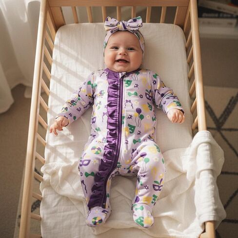 Suolongsama Newborn Baby Girl Mardi Gras Outfit Long Sleeve Ruffle Romper Zipper Footed Jumpsuit Headband Winter Clothes in Saudi Arabia