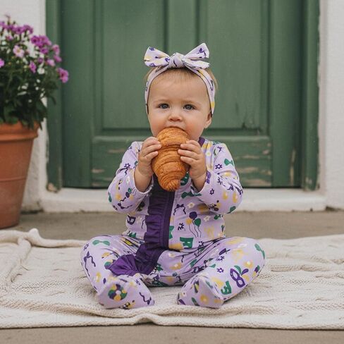 Suolongsama Newborn Baby Girl Mardi Gras Outfit Long Sleeve Ruffle Romper Zipper Footed Jumpsuit Headband Winter Clothes in Saudi Arabia