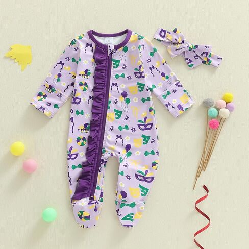 Suolongsama Newborn Baby Girl Mardi Gras Outfit Long Sleeve Ruffle Romper Zipper Footed Jumpsuit Headband Winter Clothes in Saudi Arabia