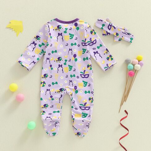 Suolongsama Newborn Baby Girl Mardi Gras Outfit Long Sleeve Ruffle Romper Zipper Footed Jumpsuit Headband Winter Clothes in Saudi Arabia