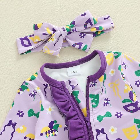 Suolongsama Newborn Baby Girl Mardi Gras Outfit Long Sleeve Ruffle Romper Zipper Footed Jumpsuit Headband Winter Clothes in Saudi Arabia