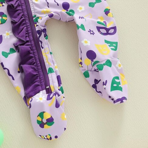 Suolongsama Newborn Baby Girl Mardi Gras Outfit Long Sleeve Ruffle Romper Zipper Footed Jumpsuit Headband Winter Clothes in Saudi Arabia