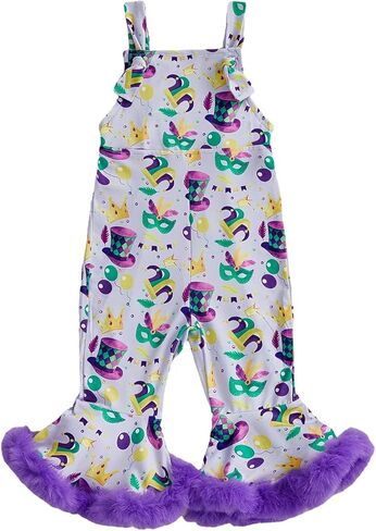 BemeyourBBs Toddler Baby Girl Mardi Gras Outfit Fuzzy Trim Sleeveless Romper Jumpsuit Cute One Piece Clothes in Saudi Arabia
