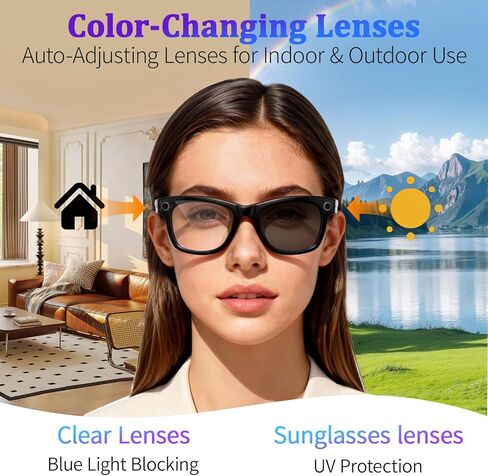 AI Smart Glasses with 8MP Camera, 4K Video & HD Photo, Bluetooth Audio, AI Voice Assistant, Real-Time Translation, Object Recognition, Noise-Cancel Calls, Photochromic +2 Sunglasses Lenses in Saudi Arabia