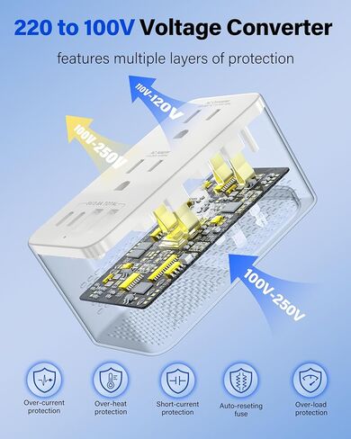 محول الجهد الكهربي من الولايات المتحدة إلى أوروبا، محول الجهد الكهربي للسفر للتنحي من 220 فولت إلى 120 فولت، محول الطاقة مع منفذي USB-A 2 USB-C ومحولات قابس السفر في المملكة المتحدة/الاتحاد الأفريقي/الولايات المتحدة/تكنولوجيا المعلومات/الأوروبية in Kuwait