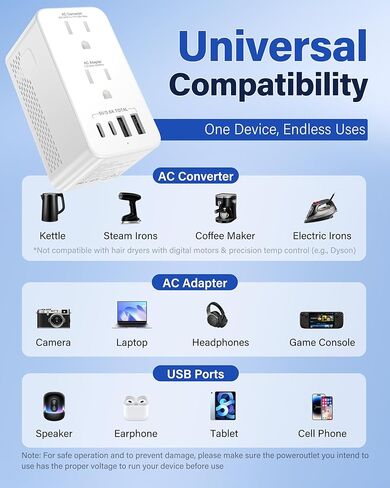 محول الجهد الكهربي من الولايات المتحدة إلى أوروبا، محول الجهد الكهربي للسفر للتنحي من 220 فولت إلى 120 فولت، محول الطاقة مع منفذي USB-A 2 USB-C ومحولات قابس السفر في المملكة المتحدة/الاتحاد الأفريقي/الولايات المتحدة/تكنولوجيا المعلومات/الأوروبية in Kuwait