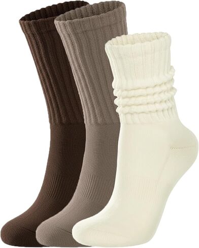 Women Scrunch Crew Socks: Cotton Cushioned Boot Mid Calf Slouch Socks - Athletic Workout & Gym 3 Pack in Saudi Arabia