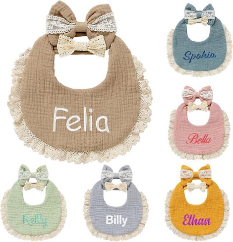 Personalized Muslin Baby Bibs Set with Name,Custom Soft Cotton Drool Bibs for Baby Girl,Teething Drooling Adjustable Bib for Newborn Toddler,Cute Bibs&Bows Gifts for Baby Shower, Birthday, Christmas in Saudi Arabia