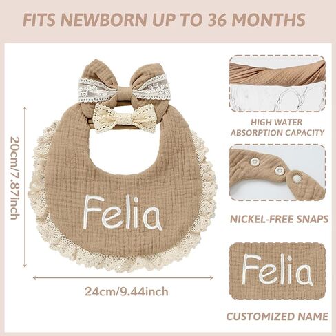 Personalized Muslin Baby Bibs Set with Name,Custom Soft Cotton Drool Bibs for Baby Girl,Teething Drooling Adjustable Bib for Newborn Toddler,Cute Bibs&Bows Gifts for Baby Shower, Birthday, Christmas in Saudi Arabia