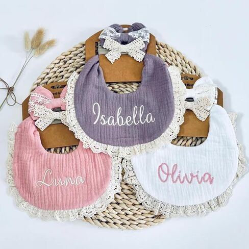 Personalized Muslin Baby Bibs Set with Name,Custom Soft Cotton Drool Bibs for Baby Girl,Teething Drooling Adjustable Bib for Newborn Toddler,Cute Bibs&Bows Gifts for Baby Shower, Birthday, Christmas in Saudi Arabia