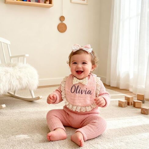 Personalized Muslin Baby Bibs Set with Name,Custom Soft Cotton Drool Bibs for Baby Girl,Teething Drooling Adjustable Bib for Newborn Toddler,Cute Bibs&Bows Gifts for Baby Shower, Birthday, Christmas in Saudi Arabia